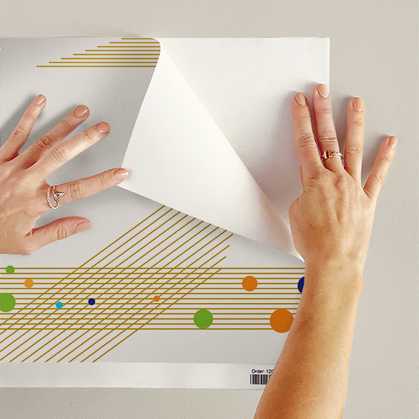 The artwork consists of a repeating pattern of geometric shapes on a white background. Each unit of the pattern features a large, angled, mesh-like triangle in a light yellow color. Overlapping this triangle are several horizontal, solid yellow lines with small, colorful circles distributed along them. The circles are in various colors including blue, green, orange, and black, adding a vibrant contrast to the yellow lines and the triangle mesh. The overall design is minimalistic and modern, with a balanced arrangement of shapes and colors creating a visually rhythmic pattern.